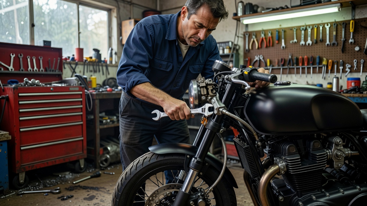 A motorcycle technician inspecting a front brake caliper in a workshop