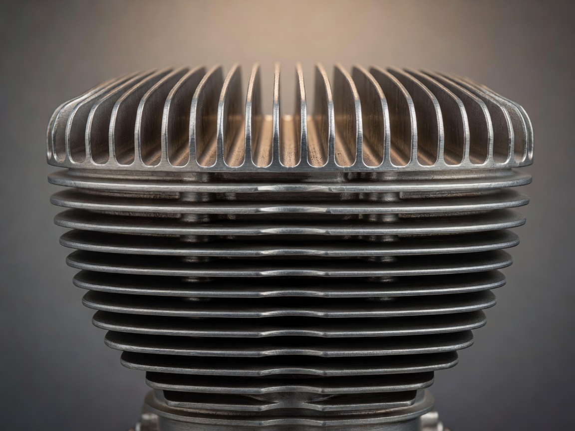 Soft-lit 3D render of an air-cooled motorcycle cylinder with deep cooling fins