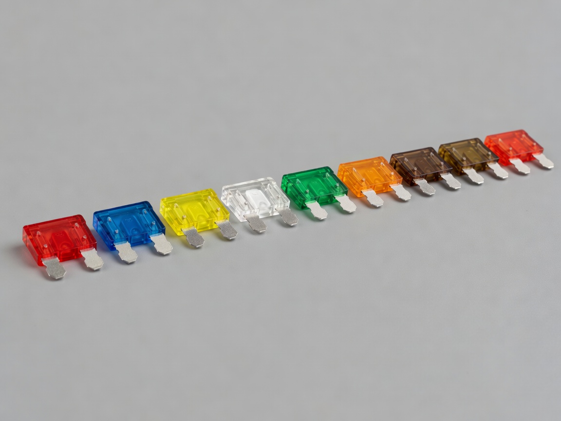 Soft-lit 3D render of colour-coded motorcycle blade fuses in a row