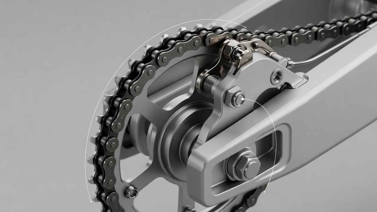 Soft-lit 3D render of a motorcycle rear sprocket, O-ring chain, master link and swingarm chain adjuster