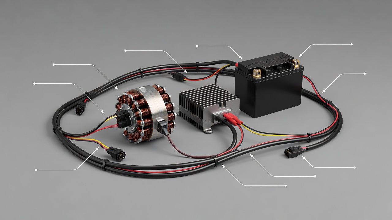 Soft-lit 3D render of a motorcycle stator, finned regulator rectifier and battery connected by wiring