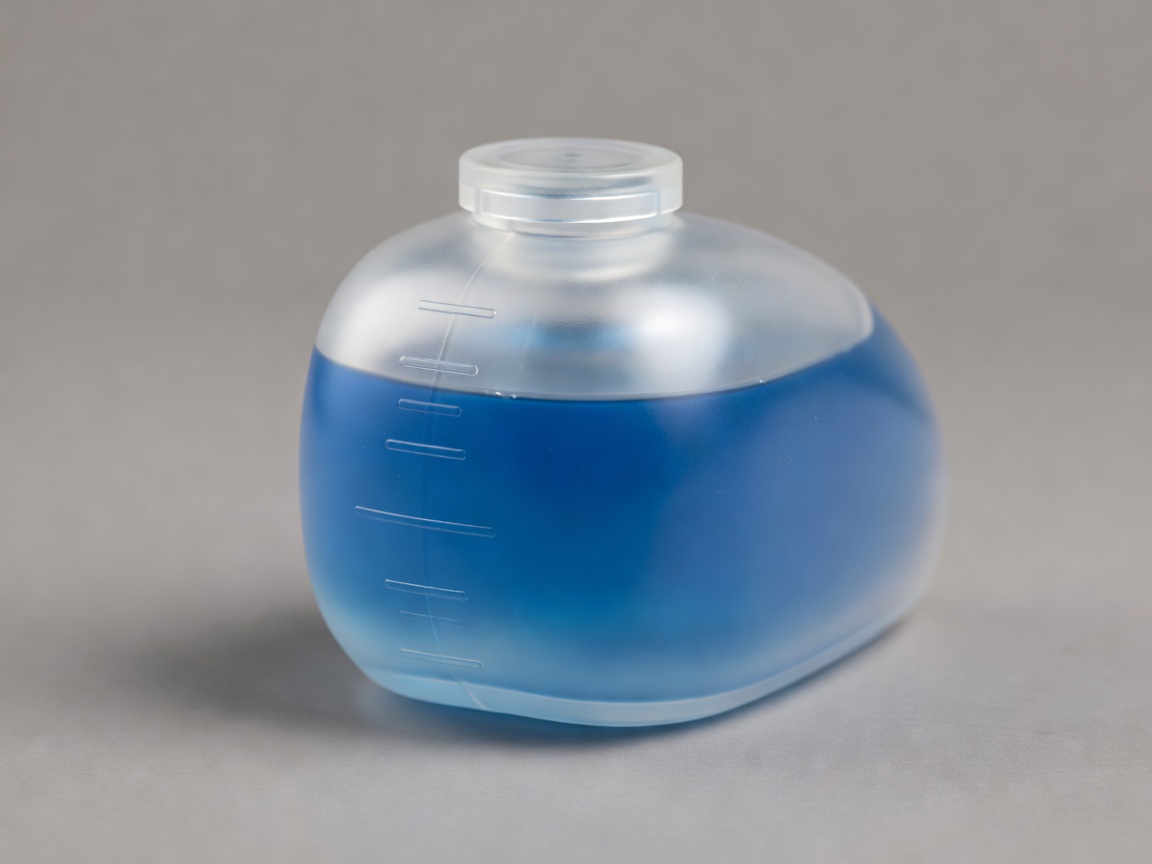 Soft-lit 3D render of a translucent motorcycle coolant expansion tank with level marks