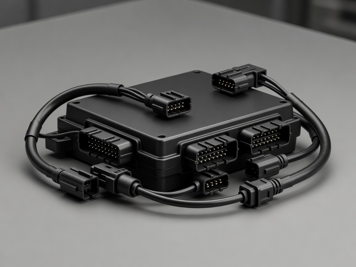 Soft-lit 3D render of a motorcycle ECU module with multi-pin wiring connectors