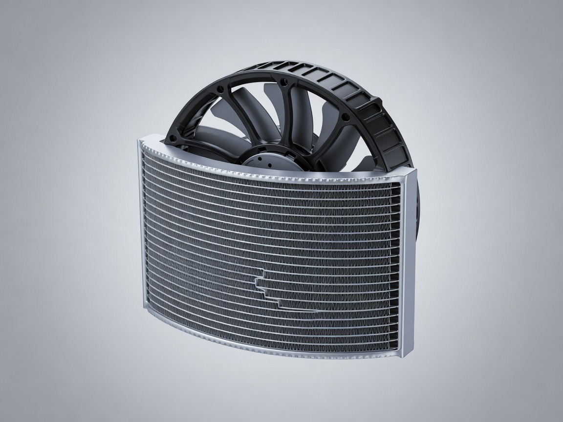 Soft-lit 3D render of a curved motorcycle radiator with an electric fan mounted behind it