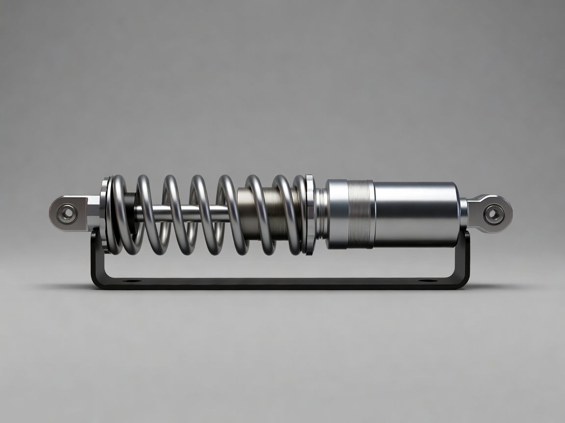 Soft-lit 3D render of a motorcycle rear monoshock with coil spring and preload collar