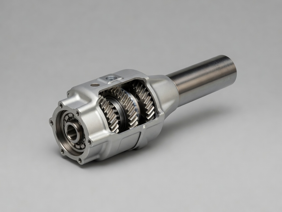 Soft-lit 3D render of an enclosed motorcycle shaft drive and rear bevel gear housing