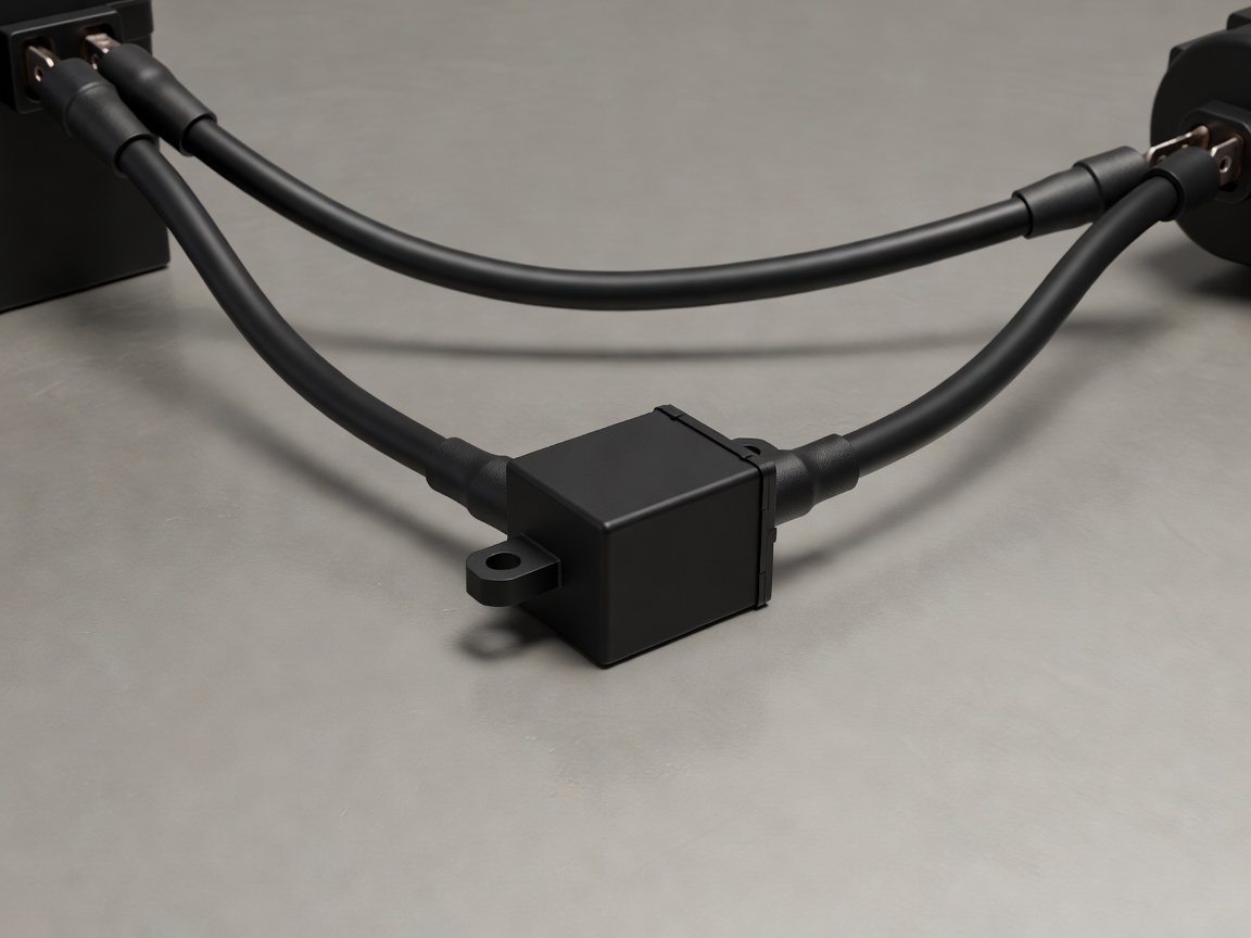 Soft-lit 3D render of a motorcycle starter relay with heavy battery and starter cables