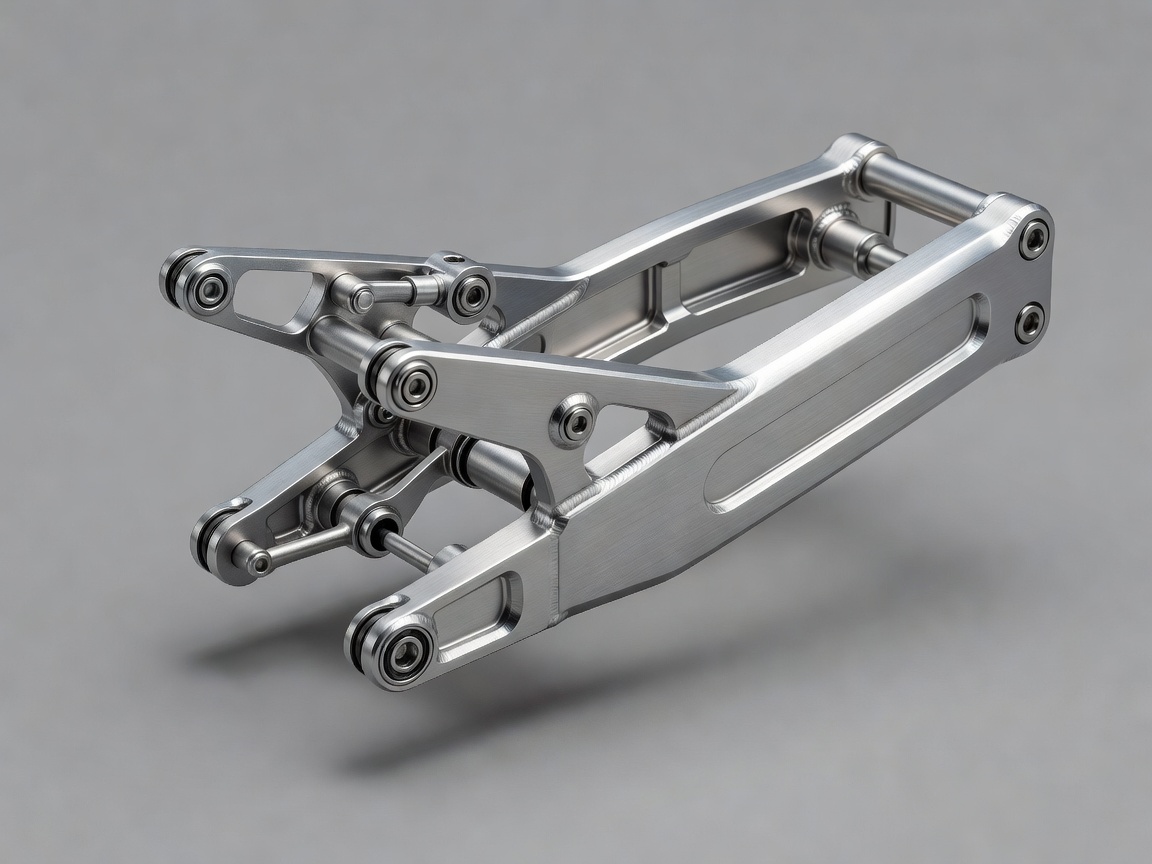 Soft-lit 3D render of a motorcycle aluminium swingarm with suspension linkage arms