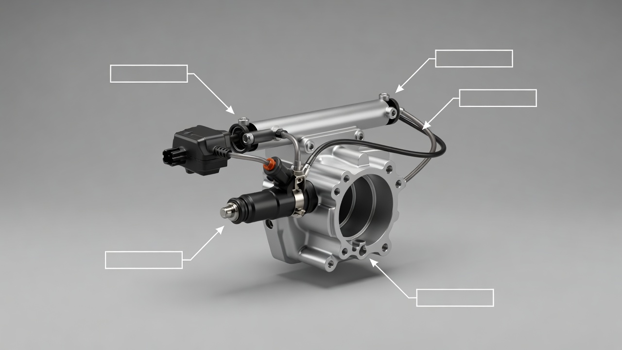 Soft-lit 3D render of a motorcycle throttle body assembly with injector, fuel rail and throttle position sensor