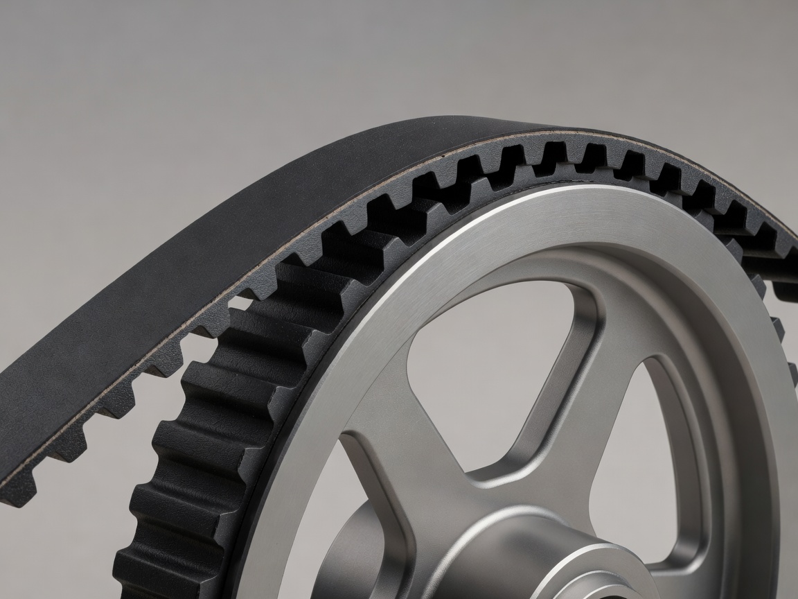 Soft-lit 3D render of a toothed motorcycle drive belt on a rear pulley