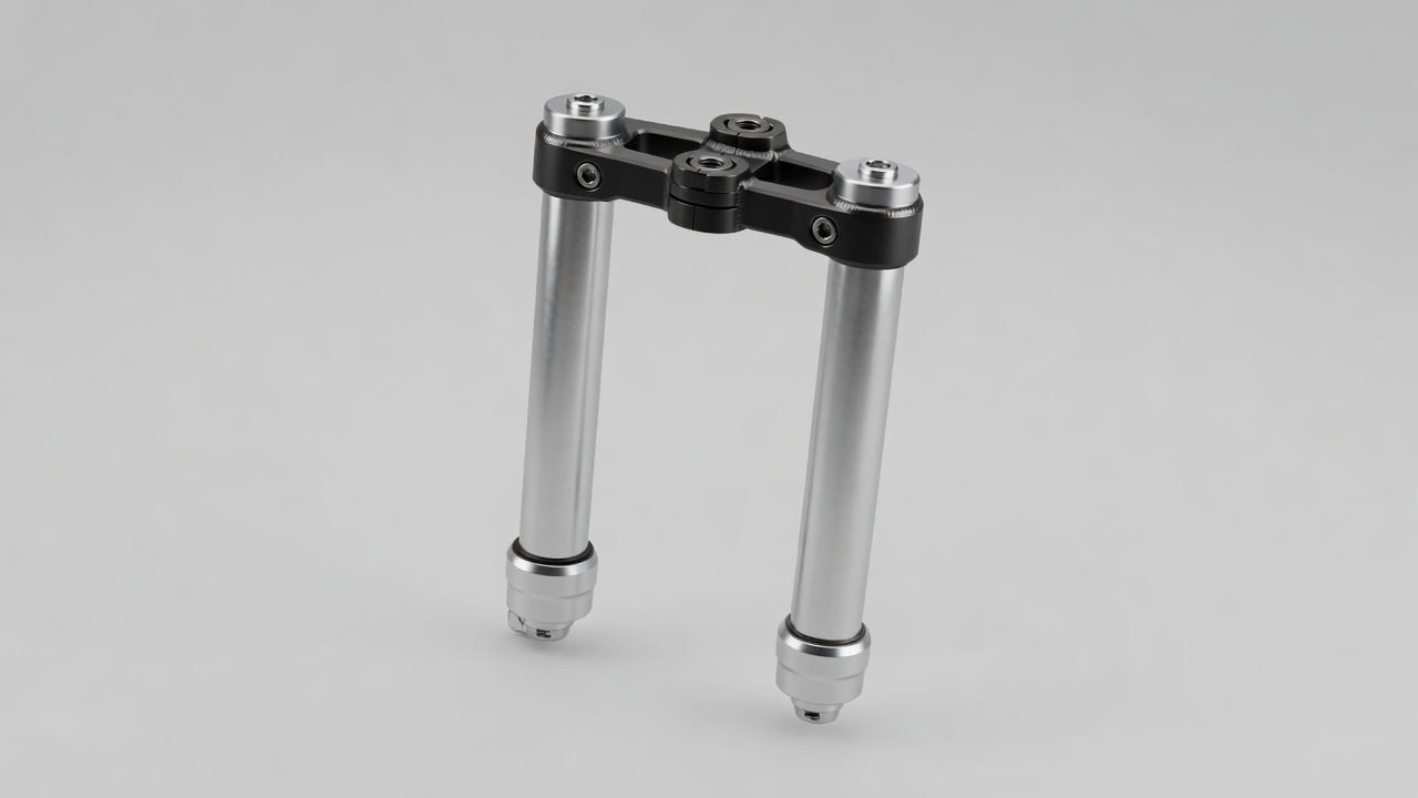 Soft-lit 3D render of an upside-down motorcycle fork with top caps, stanchions and axle clamps on a plain background